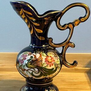 HB Hubert Bequet Quaregnon Cobalt blue peacock pitcher Creamer Vtg